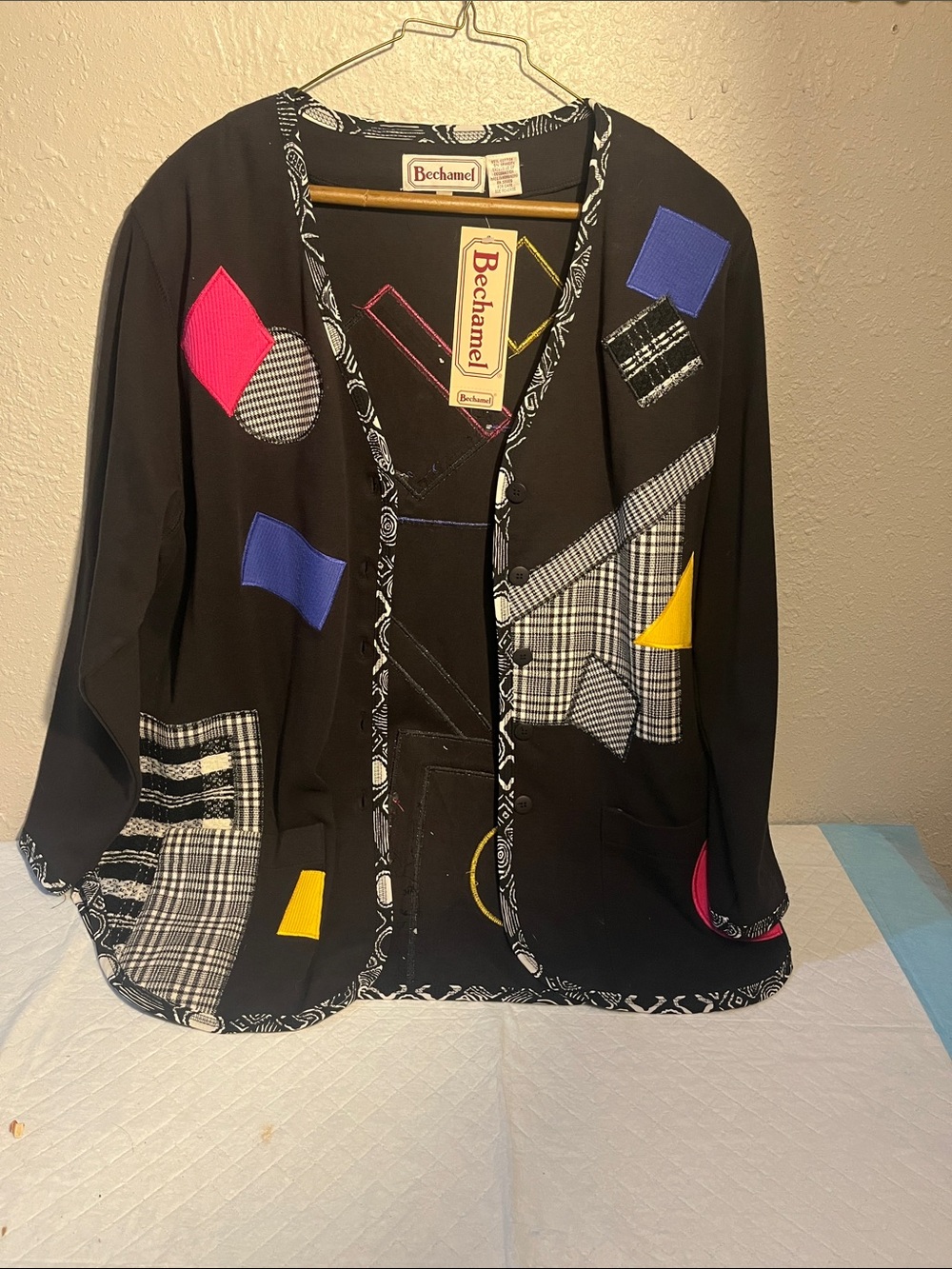 Bechamel Black Jacket with Pink, Blue and Yellow Patch Accents